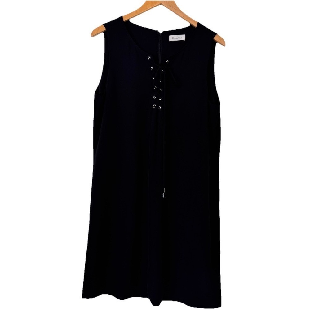 Calvin Klein Shift Dress Women M/L Black Lace Up Front Sleeveless Pocket‎